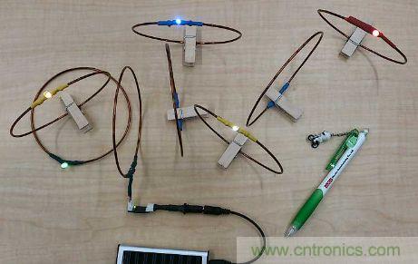 用來驗證&ldquo;直流共振方式&rdquo;的試制系統(tǒng)。在線圈間傳輸電力，點亮LED