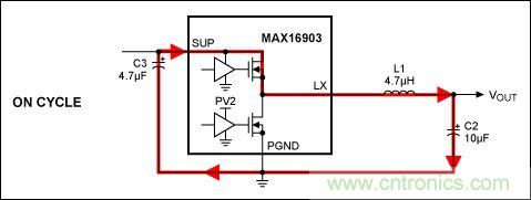 圖1:PMOS導通狀態(tài)下的OUT2電流路徑