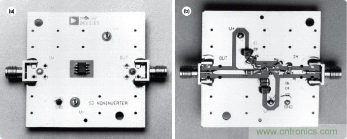 圖14. AD8001AR評(píng)估板&mdash;俯視圖(a)和仰視圖(b)。