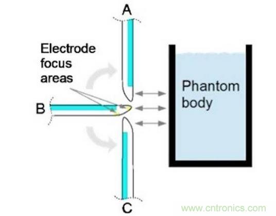 相對(duì)于假想體測試角的電極焦點(diǎn)區(qū)域。