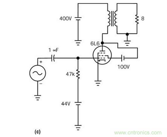 五極管（a）能輸出比三極管（b）大得多的功率，但采用升壓三極管配置除外（c）