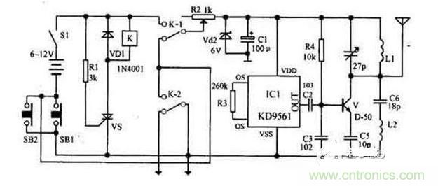 【導(dǎo)讀】隨著環(huán)保意識(shí)的增強(qiáng)，電動(dòng)車已大量進(jìn)入我們家庭，成為部分人必不可少的交通工具。如何防止電動(dòng)車被盜則是車主十分關(guān)心的問題，為此，出現(xiàn)了各類電動(dòng)車防盜鎖。除此之外呢？還有什么好的方法防盜呢？我們?yōu)榇蠹医榻B一款電動(dòng)車防盜報(bào)警器電路圖。  各類電動(dòng)車防盜鎖大量涌出，但是，電動(dòng)車被盜現(xiàn)象仍層出不窮，較高級(jí)的電動(dòng)車防盜鎖在短時(shí)間內(nèi)難以破壞，盜賊便將電動(dòng)車搬上其它車輛上盜走，這樣，再高級(jí)的防盜鎖也顯得無能為力了。鑒于此，我們?yōu)榇蠹医榻B一款電動(dòng)車防盜報(bào)警器電路圖。 1 報(bào)警器發(fā)射機(jī)部分是由繼電器K和可控硅VS用來控制發(fā)射機(jī)電路的電源。IC1組成警聲信號(hào)電路。晶體管V及其外圍元件組成射頻振蕩電路，發(fā)射報(bào)警信號(hào)。  在等待狀態(tài)時(shí)，開關(guān)S1接通，而SB1斷開（即車頭鎖被鎖住），K就處在釋放狀態(tài)，報(bào)警發(fā)射機(jī)不工作。當(dāng)車頭鎖被打開時(shí)（即SB1接通），VS被觸發(fā)導(dǎo)通，K吸合，接通發(fā)射機(jī)電源。SB1接通后，K-2的常開點(diǎn)將其自鎖，此時(shí)只有斷開S1報(bào)警方能結(jié)束。在K動(dòng)作時(shí)，其常閉觸點(diǎn)K-l斷開，切斷發(fā)動(dòng)機(jī)點(diǎn)火電路。  接收機(jī)電路由TDA7010和開關(guān)功放TWH8778、TWH68組成。當(dāng)IC2 收到報(bào)警信號(hào)時(shí)其互腳的高電平通過IC3經(jīng)IC4放大由TWH15放出報(bào)警聲。但要考慮到頻率的穩(wěn)定性，因?yàn)?010自身沒有頻率穩(wěn)定電路，在工作時(shí)要多作檢測，最好用印制板和貼片元件。  按上述操作方法停放車輛后，報(bào)警器即進(jìn)入待報(bào)警狀態(tài)。在待報(bào)警期間，只要有人無論用什么方法打開車頭鎖或搬移車輛，都將觸發(fā)報(bào)警器報(bào)警不停，并切斷發(fā)動(dòng)機(jī)電源使車輛無法起動(dòng)，直至車主人趕來將點(diǎn)火鑰匙插入點(diǎn)火鎖內(nèi)轉(zhuǎn)到關(guān)的位置，報(bào)警才能解除。