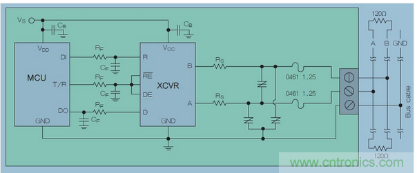 在高暴露環境中的RS-485總線的電路保護示意圖中，上圖類似&ldquo;Z&rdquo;字形的符號可代表多種過壓保護解決方案，包括Q2L系列SIDACtor保護晶閘管(圖7)。