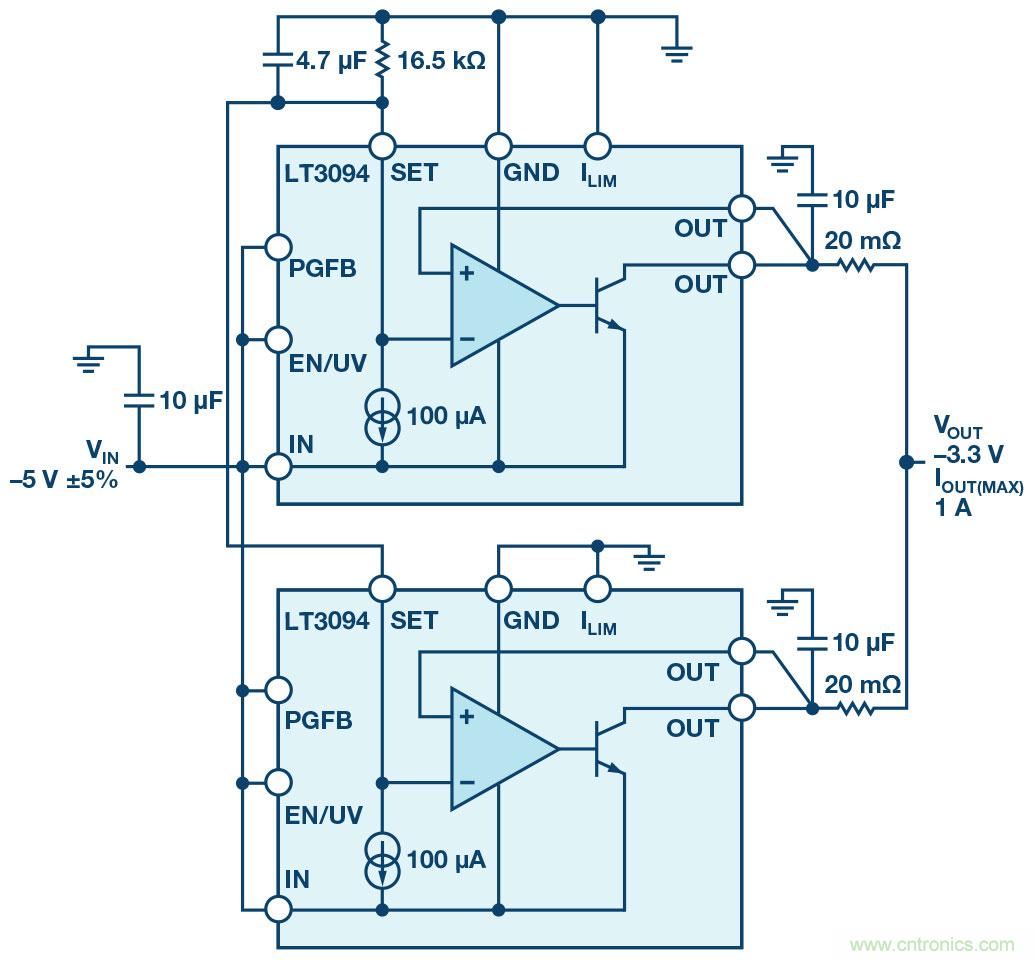 負(fù)線性穩(wěn)壓器在1MHz下具有0.8&mu;V RMS噪聲和74dB電源抑制比
