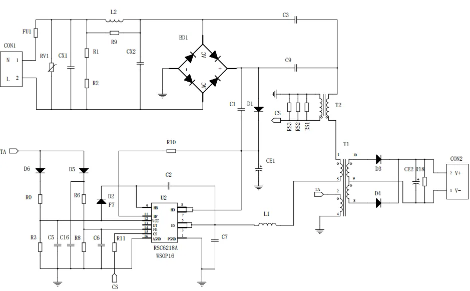 一、LED驅動模塊RSC6218A REASUNOS(瑞森半導體)通過持續投入研發，提升LLC應用技術，集成控制芯片與功率轉換，成功推出新一代產品RSC6218A WSOP-16，延續瑞森LLC拓撲方案，時機趨勢完全迎合我國雙碳政策，電氣特性契合新版國標GB/T 17625.1-2022和歐盟新版ERP認證EU2019/2020雙重法規，專為中小功率的產品提供優秀的方案；接下來會分幾個篇章持續介紹新方案產品的應用資料和設計實例分享：  RSC6218A功率模塊內部集成CS-CP-LLC電源半橋模塊和功率轉換模塊，延續瑞森主題設計方向單級實現高PF無頻閃技術和LLC諧振軟開關技術方案：該型號適用于5-18W功率段；具備高轉換效率(90%+)，高PF(>0.96)，低THD(<10%)，小型化(縮小PCB面積10-25%)，通過優化產品內部設計提升產品內部功率器件的開啟與關閉性能，避免干擾發生，最高工作頻率達200KHZ，實現WSOP-16封裝兼顧散熱與小型化；并且內部可自動設置死區時間，讓方案可靠易設計。 產品可廣泛應用于： 1.護眼系列燈具：如教室燈、辦公燈、護眼臺燈、壁燈、閱覽室燈等； 2.家居類燈具：如客廳燈、臥室燈、兒童房燈、廚房燈、走廊燈等； 3.軌道類燈具：地鐵照明、高鐵照明、隧道照明、車站照明等； 4.商照類燈具：筒燈、射燈、投射燈、 亮化燈、防爆燈等； 方案起到提供高效，穩定，長壽命的作用。 二、產品功能框架  三、IC各PIN腳功能說明  PIN1&nbsp;PGND 功率地，內部是連接低邊MOS的S端地線； PIN2&nbsp;&nbsp;NC&nbsp; PIN3&nbsp; HS 半橋MOS低邊漏極PIN； PIN4&nbsp; HS 半橋MOS低邊漏極PIN； PIN5&nbsp; HS 半橋MOS高邊源極PIN； PIN6&nbsp; HS 半橋MOS高邊源極PIN； PIN7&nbsp;&nbsp;NC&nbsp; PIN8&nbsp; HO 半橋MO高邊漏極； PIN9&nbsp; HO 半橋MOS高邊漏極； PIN10&nbsp;HB 半橋驅動高邊電源，通過外置的一個二極管與電容組成自舉回路，為高邊 MOS 的開啟提供電平； PIN11&nbsp;VIN 高壓啟動的輸入腳，最高耐壓可達DC600V，啟動電流在1.7mA，一般應用是從高壓電解處串接一個1206100K電阻引到PIN1，在整個環路還未建立起來時，是靠這個引腳的供電通過內部連接到PIN6VCC，然后把VCC電容慢慢充電到芯片的啟動電壓后，芯片開始工作。整個環路建立起來后，VIN腳內部關斷，VCC 通過外部變壓器輔助繞組供電維持正常工作； PIN12&nbsp; VCC 信號電源引腳，&nbsp;工作電壓范圍 8-20V，工作電流在&nbsp;0.8mA，靜態工作電流是 720uA； PIN13&nbsp; NC DT懸空腳； PIN14&nbsp;FB &nbsp;電壓反饋輸入，VFB中心值是1.2V，該引腳的功能主要是限定空載電壓的最大幅度，該芯片空載保護屬于打嗝模式，可以有效降低空載損耗，能效要求輕松符合小于0.5W的要求； PIN15&nbsp; CS 電流采樣正弦波信號輸入該PIN腳是通過線路中的互感電感采樣得到全波的正弦波信號，&nbsp;通過電阻轉換為電壓信號后，輸入到CS PIN腳，&nbsp;內部連接到壓控振蕩器，根據輸入進來的電壓幅值大小，以及正弦波的頻率，壓控振蕩器輸出對應的方波來控制LG與HG端的MOS開關頻率，實現恒流調節控制； PIN16&nbsp; AGND 信號地參考電平，主要連接 VCC，FB 對應 PIN 腳的元件地線。 四、關鍵PIN腳參數設定范圍  五、典型應用原理圖  關注瑞森半導體公眾號，接下來持續分享具體案例的設計參考文檔，攜手各伙伴們實現新版國標GB/T17625.1-2022的順利達標，為工程師縮短開發周期，讓工廠端得到滿意的產品，給客戶一個滿意的答卷，得到需要的利潤空間。