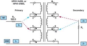   材料  ? ADALM2000主動學習模塊 ? 無焊試驗板和跳線套件 ? 一臺HPH1-1400L 6繞組變壓器 ? 一臺HPH1-0190L 6繞組變壓器 ? 兩個100 Ω電阻  說明  在無焊試驗板上構(gòu)建圖2所示的電路。需要使用此設(shè)置來測量初級/次級匝數(shù)比為1:1的三種不同配置下，兩個變壓器型號各自的頻率響應。兩個紅色箭頭表示在初級和次級使用同一個線圈的配置中連接源電阻和負載電阻的位置。藍色箭頭對應的是在初級和次級使用兩個串聯(lián)線圈的配置。綠色箭頭對應的是在初級和次級使用三個串聯(lián)線圈的配置。